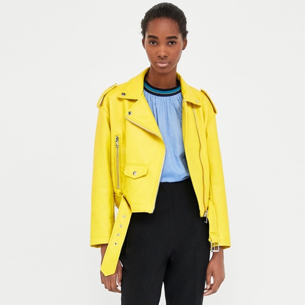 Zara Yellow Leather Biker Jacket